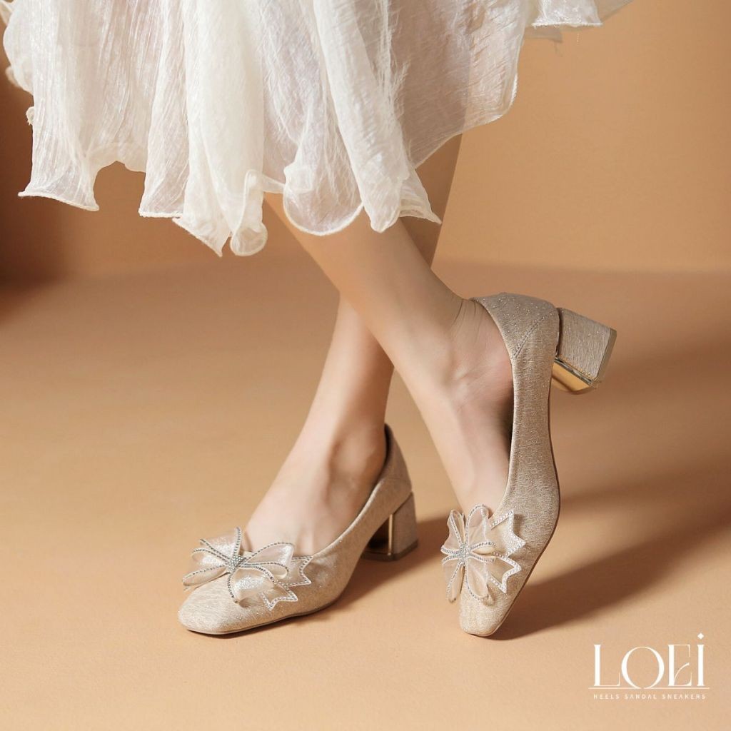 JARI.STORE LOEI Sohee Sepatu Wanita High Heels Sepatu Hak Tahu Pita Glitter Pump Shoes Korea Style Z