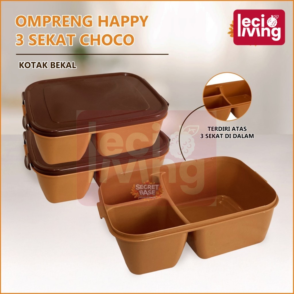 OMPRENG HAPPY 3 SEKAT CHOCO - Ompreng Kotak Makan / Kotak Bekal / Lunch box Sekat