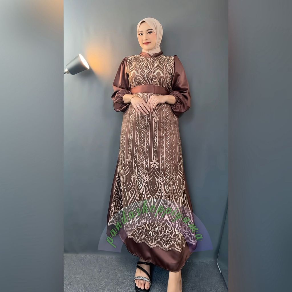 [Padu Dress] Gamis Brokat Modern Mocca – Gamis Jumbo Premium untuk Pesta, Kondangan & Lebaran