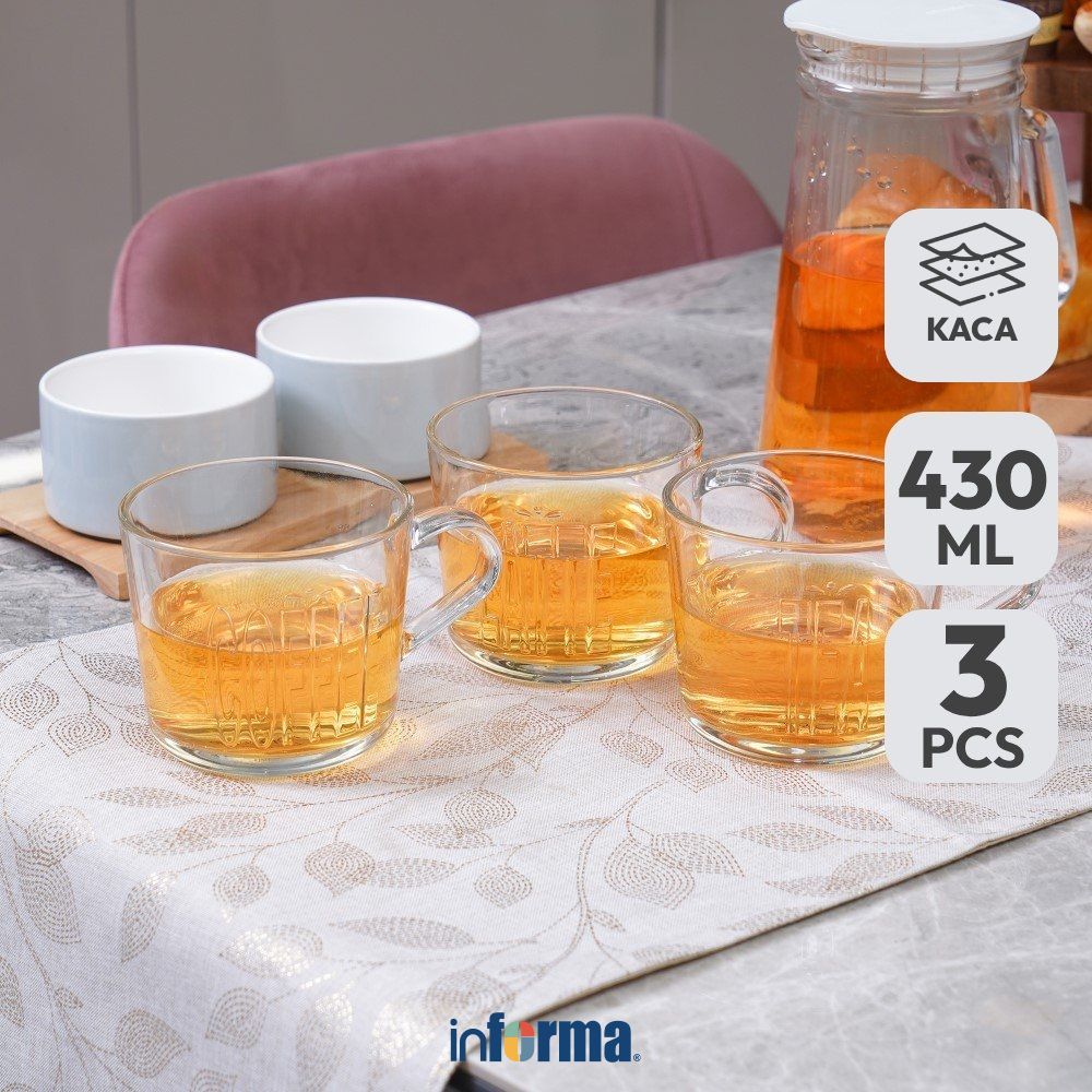 Informa Appetite Gelas Kaca Coffee & Tea 430 ml Set 3 Pcs Transparan Cup Bening Wadah Air Minum Temp