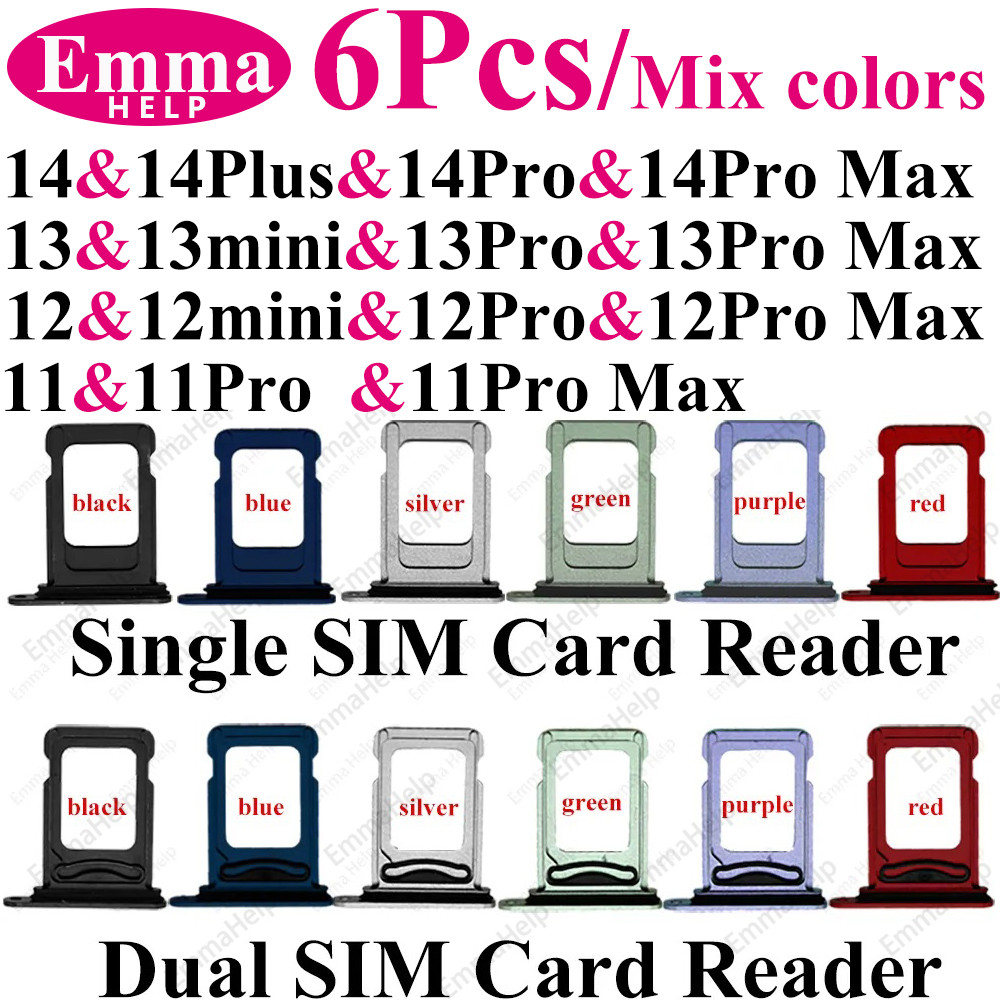 EmmaHelp 6pcs Single / Dual SIM Card Tray for iphone 11 11pro 12pro max 12 13 Pro Max 14 Plus SIM Ca