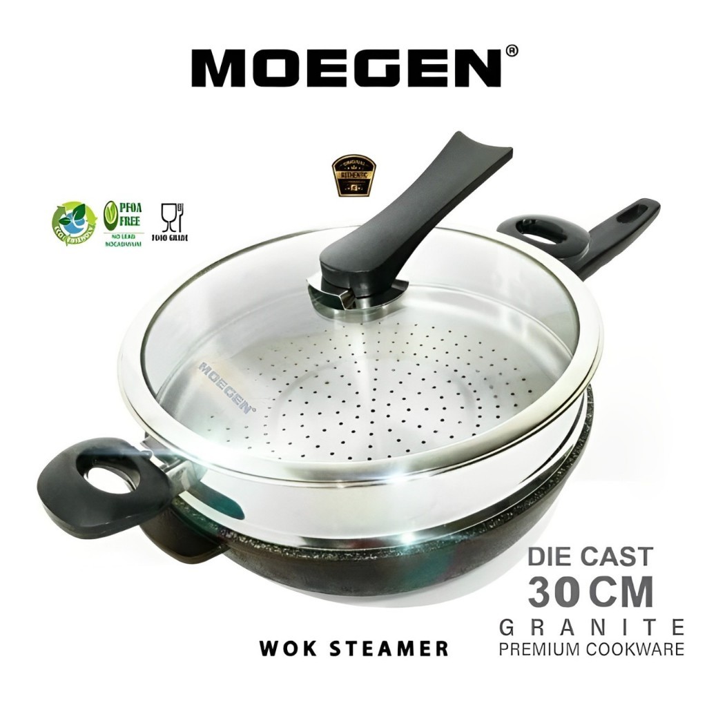 Moegen Wok Pan / Wajan / Penggorengan Plus Steamer 30 cm Anti Lengket