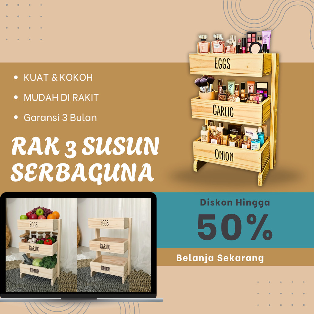 Rak Bawang Kayu 3 Susun / Rak Bumbu Serbaguna