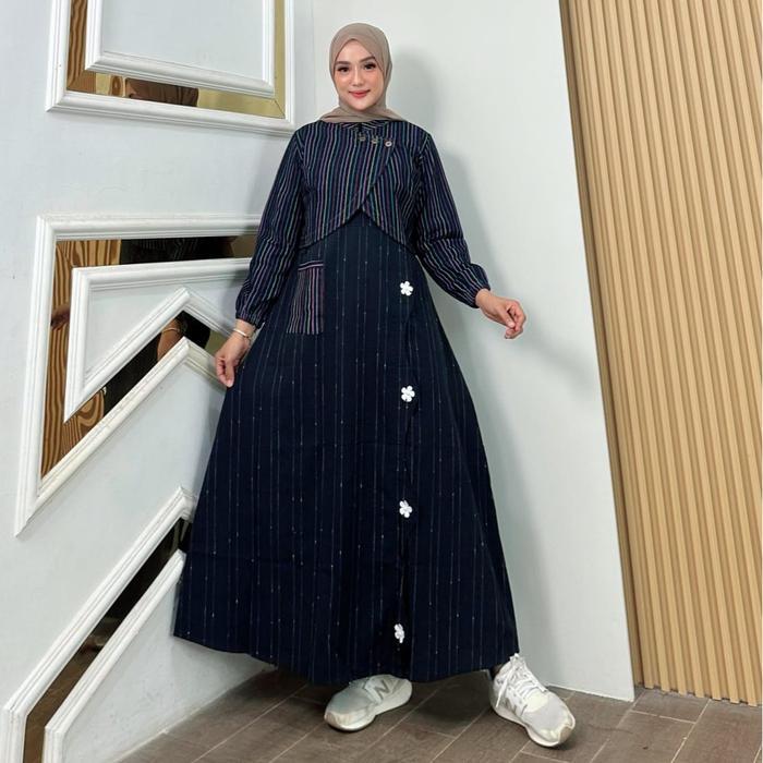 [[Promo]] Aralie Gamis Jeans Rompi Salur Fashion Muslim Wanita Kekinian - Hitam, All Size