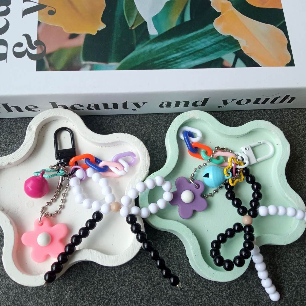 Beads Gantungan Kunci Tas Handphone Ribbon Pita Warna warni Flower Manik manik bunga