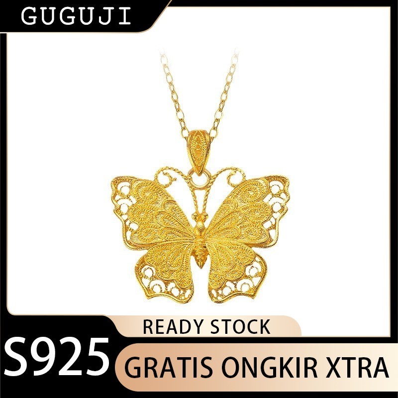 GUGUJI Kalung Emas Vietnam Pasir Emas Filigree Liontin Kupu-Kupu Berongga Kalung Kupu-Kupu Emas Kuno