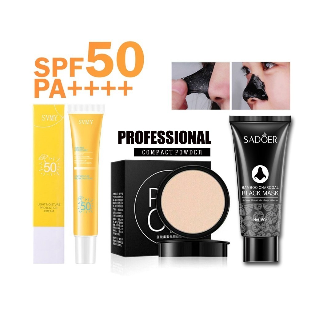 PAKET MAKEUP WAJAH GLOWING 3 ITEM - Bedak Padat Sunscreen Spf 50 Masker Wajah Komedo Original - -Six