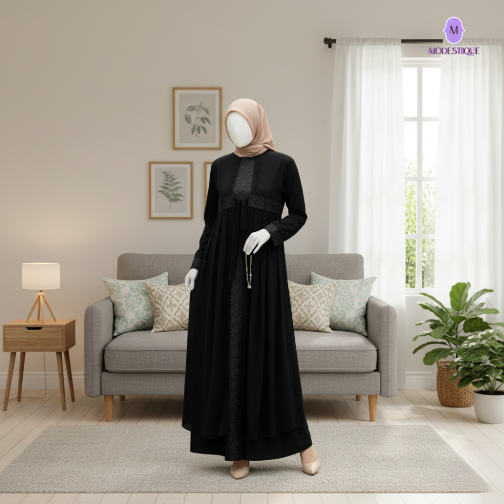 Abaya Muslimah Hitam Jumbo Gamis Kekinian Mewah Elegan Longgar Nyaman Busui Friendly Terbaru 477
