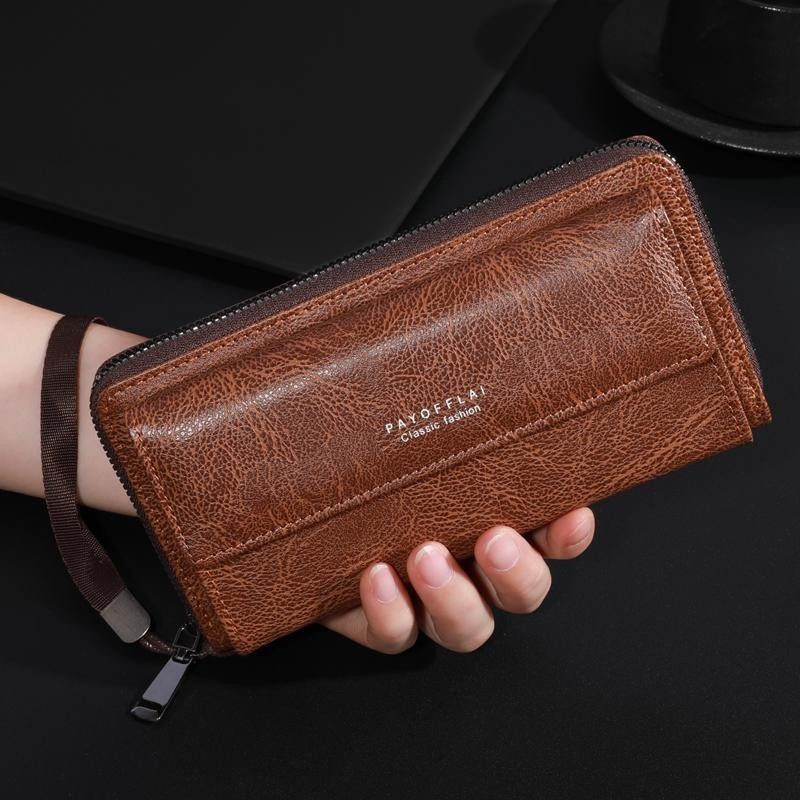 Dompet Pria Panjang Dompet hp dan uang Kulit Gaya Retro Kapasitas Tinggi Dompet Lipat