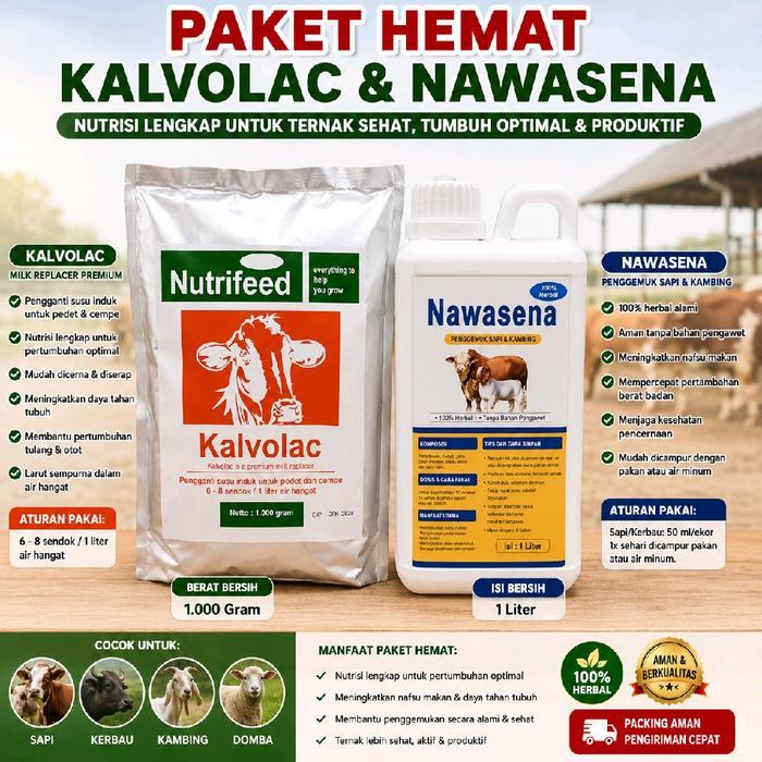 Paket 2 Hemat Kalvolac Nutrifeed 1Kg + Nawasena 1 Liter | Susu Pengganti Pedet & Cempe + Penggemuk S