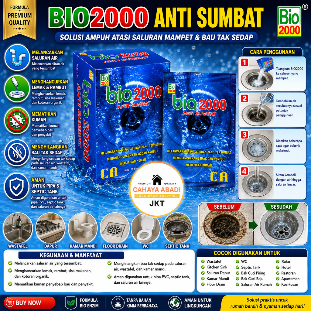 BIO2000 Anti Sumbat Saluran Air Mampet | Penghancur Lemak Rambut Kotoran Pembersih Pipa & Septic Tan