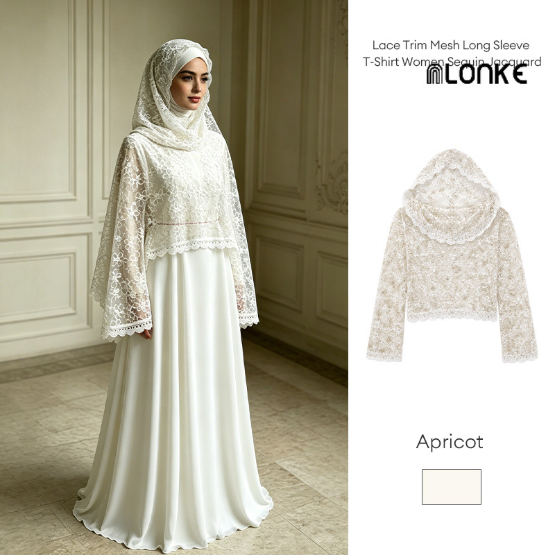 NLONKE - Outer Muslimah Premium Warna Putih Renda Lengan Lonceng Hood Hijab Terpasang