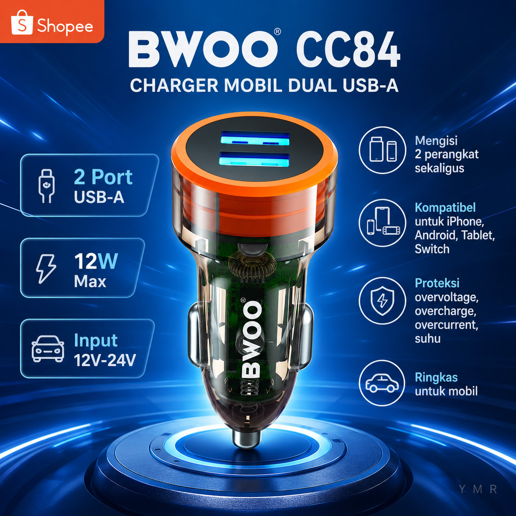 Charger Mobil BWOO CC84 Dual USB 12W Max 2 Port USB-A untuk HP