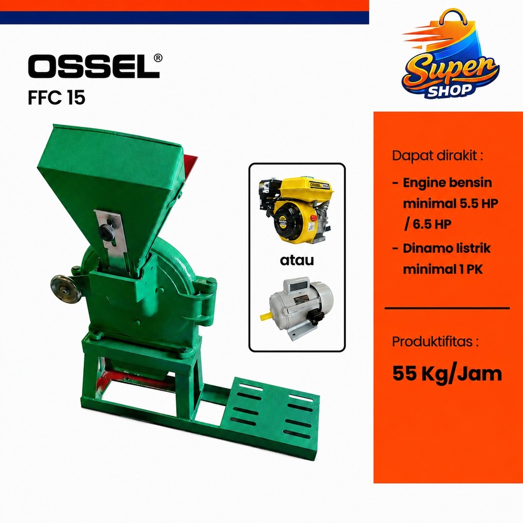 OSSEL Paket Mesin Penepung Disk Mill FFC15 + Dinamo 1PK Listrik OSSEL