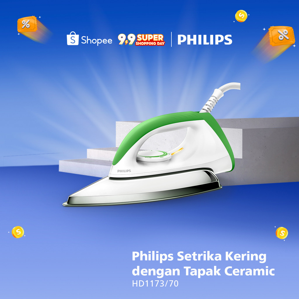 Philips Setrika kering HD1173/70 Hijau, Ceramic 4 Lapis, Anti-Lengket, seterika philips,gosokan baju