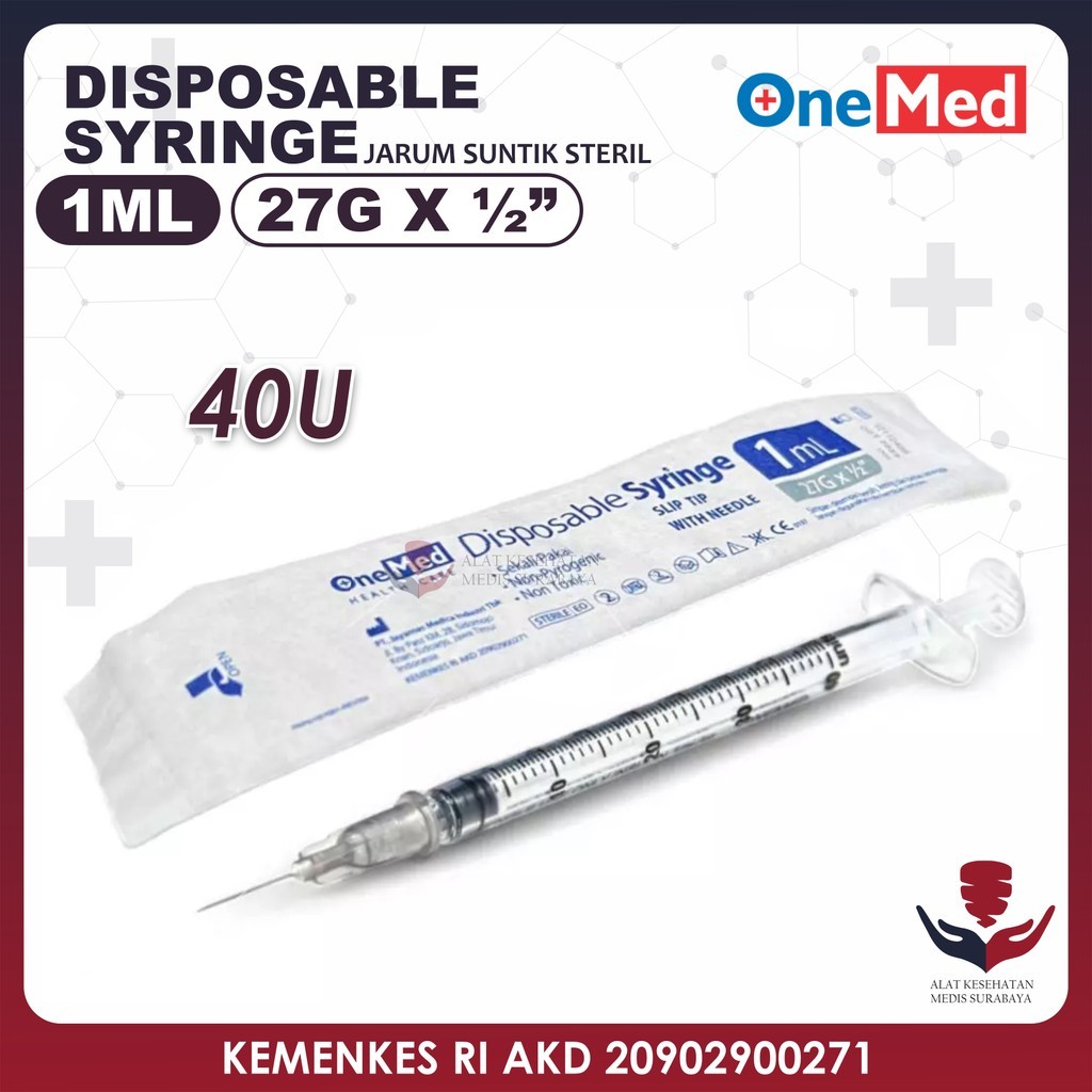 Onemed Disposable Syringe 1ml 40U Box Spuit Sterile Jarum Suntik Steril Slip Tip with Needle Insulin