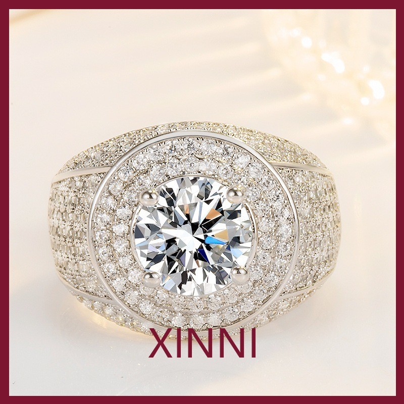 XINNI Cincin Pria Mewah Imitasi Moissanite Berkilau Berlian Penuh Berlapis Emas Putih 18K Warna Emas