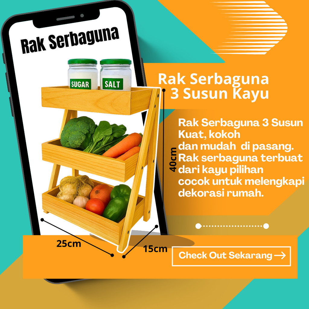 Rak Bawang Kayu 3 Susun / Rak Bumbu Serbaguna