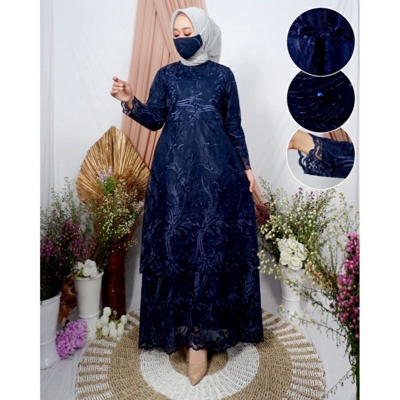 [Padu Dress] Gamis Brukat Premium Navy – Baju Couple Ibu Anak Remaja Dewasa untuk Pesta & Kondangan