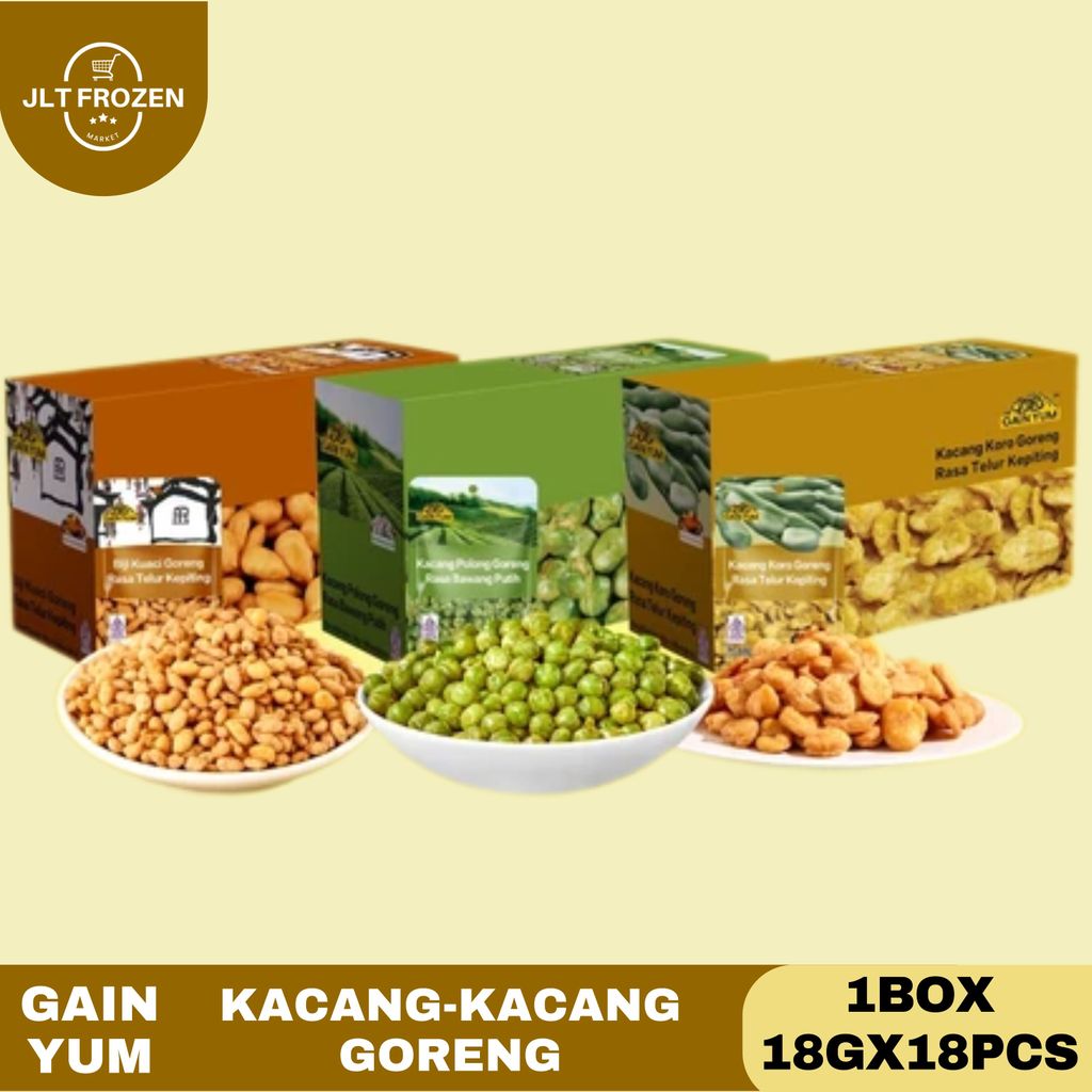 Gain Yum / 1BOX / 18G X 18 PCS / Kuaci Kupas Rasa Telur Kepiting / Kacang Polong Rasa Bawang Putih /