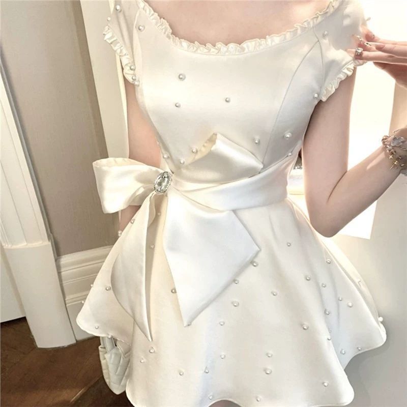 Gaun Putri Mutiara Putih Industri Berat gaun busur wanita rok pendek gaun