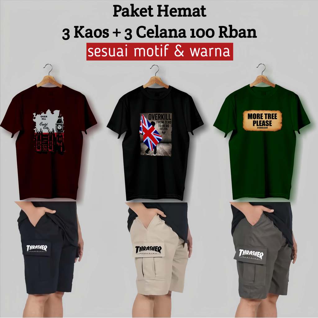 PROMO (REAL SEPERTI DI FOTO) PAKET HEMAT 100 RB DAPET 3 KAOS + 3 CELANA CARGO PENDEK PRIA D