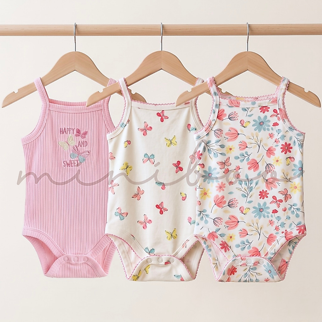 MINIBOO - Jumper Bayi Kutung 3pcs Unisex Bodysuit Sleeveless Katun Lembut 0-9bulan (3VS FLUTTER)
