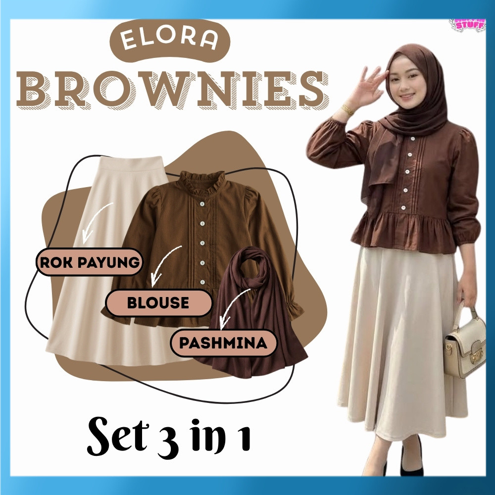 Oneset Blouse Elora Choco With Rok Payung 3 in 1 Outfit Korean Style Kekinian (Pashmina + Blouse Elo