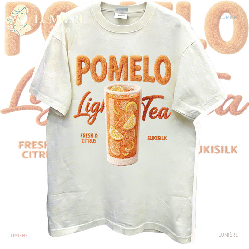 [COD]LUMIÈRE Toko|Atasan Wanita Longgar Model Korea Lengan Pendek Grafis Es Teh Jeruk Bali Aesthetic