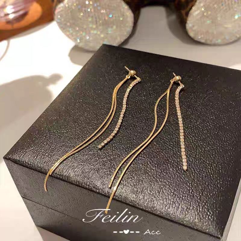 anting tindik/tusuk titanium permata rumbai panjang