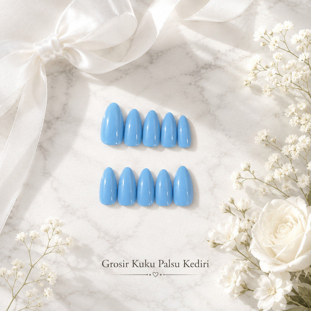 [FREE LEM] Kuku palsu nail art + lem| Press on nails warna biru soft| Fake nails| Nail art| Kuku pal