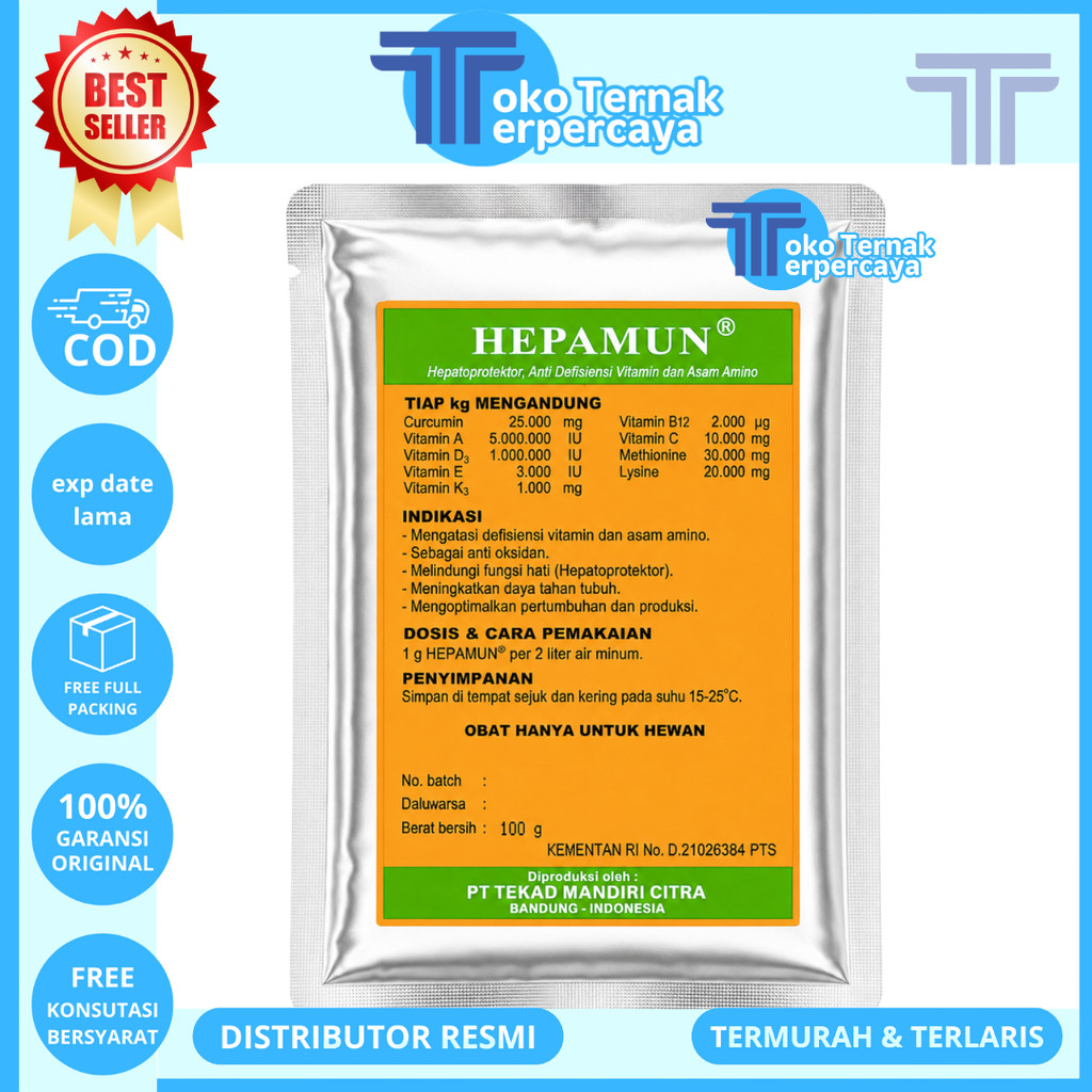 HEPAMUN 100 GRAM Hepatoprotektor Vitamin Asam Amino Curcuma Perbaiki Fungsi Hati Ternak Ayam Sapi