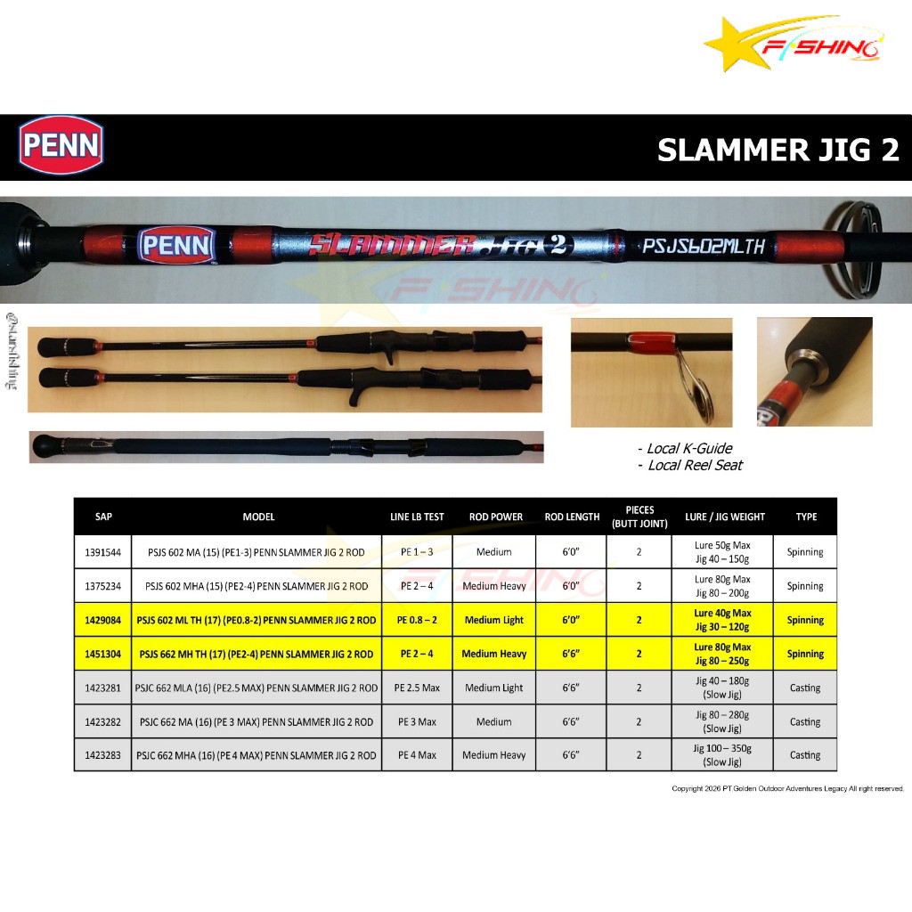 Starsfishing Joran Pancing PENN Slammer Jig 2 C662ML PE 2.5 PE 3 Jigging Overhead Slow Jigging