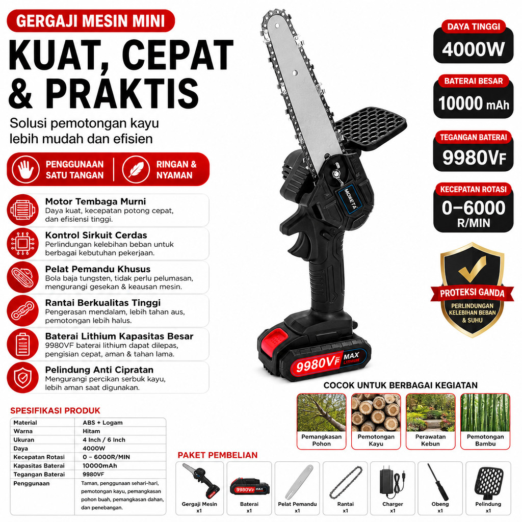 PRAKTIS Clivo Chainsaw Cordless 6 Inch 2 Baterai Handheld Gergaji Listrik Mini Gergaji Pemotong