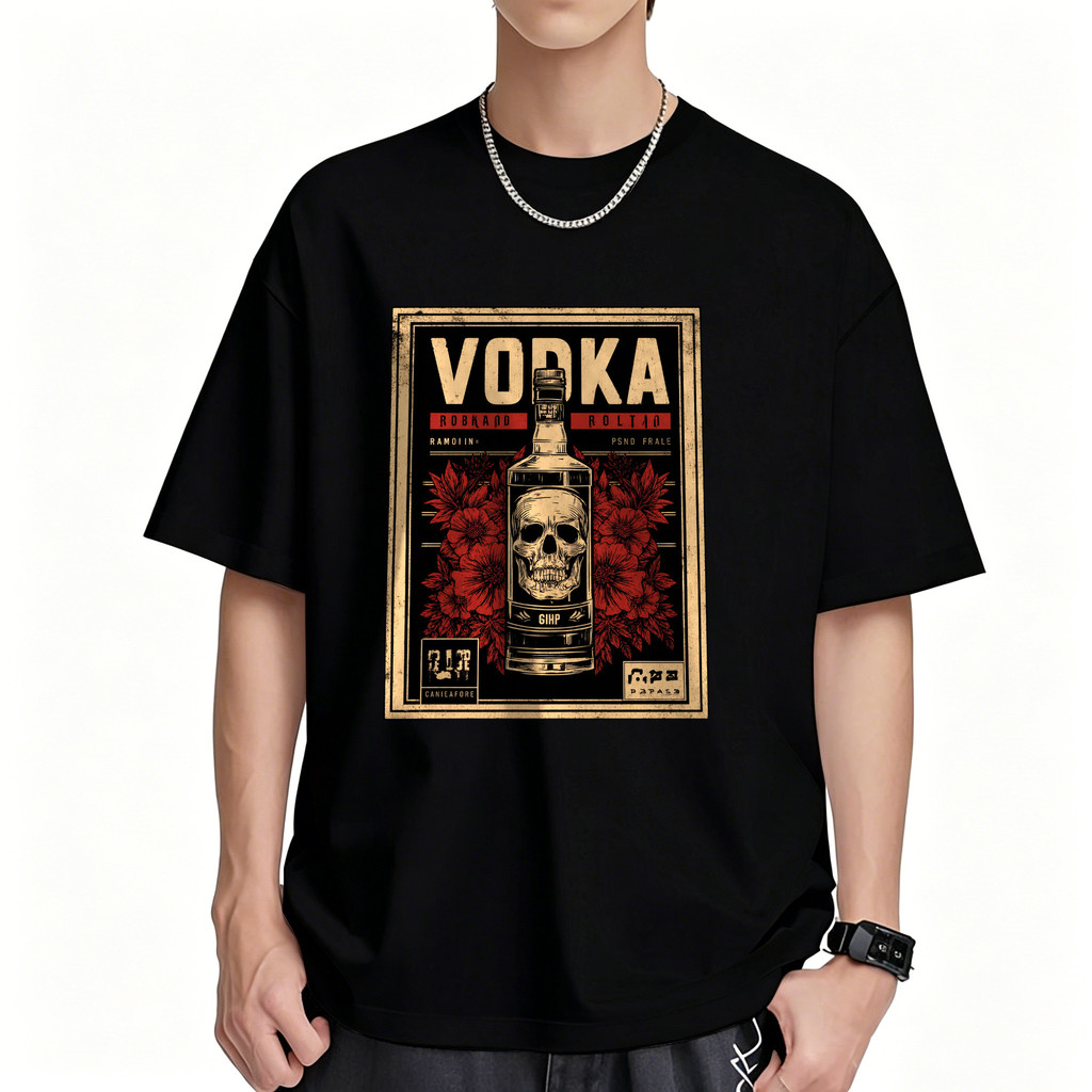 Kaos Pria Distro Original 100% Kaos Lengan Pendek T Shirt Unisex Desain Vodka Skull Floral Vintage K