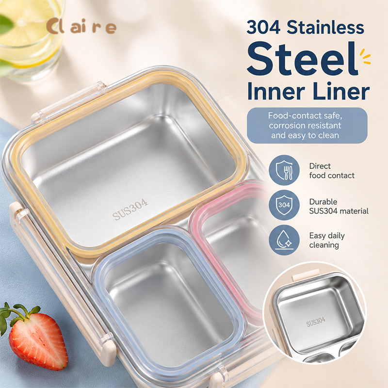 Lunch box stainless 304 anti tumpah 800ml sekat 3 Sekat Lunch Box Anak Sekolah Anak-anak & Pekerja K