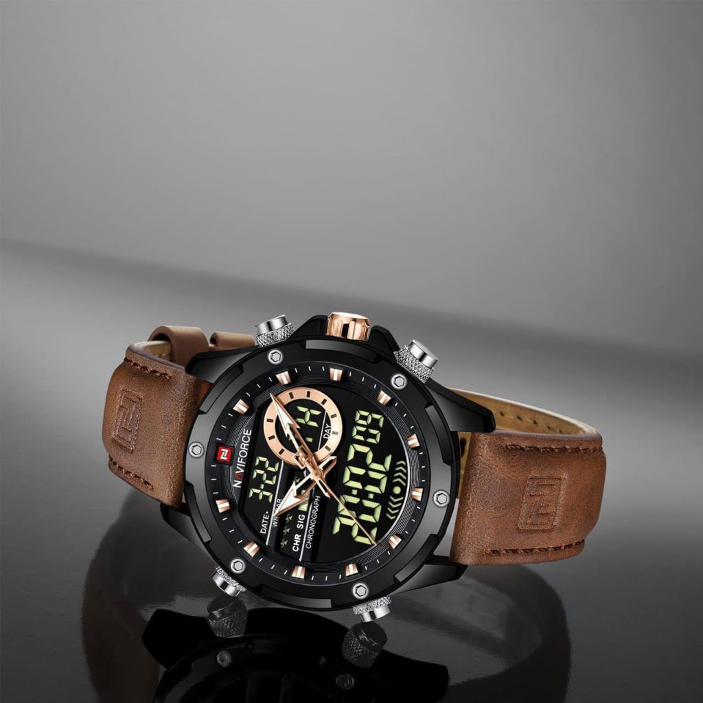 Jam Tangan Pria Naviforce Original NF-9208 Original Dual Time Tali Kulit Water Resistance 3 ATM Free