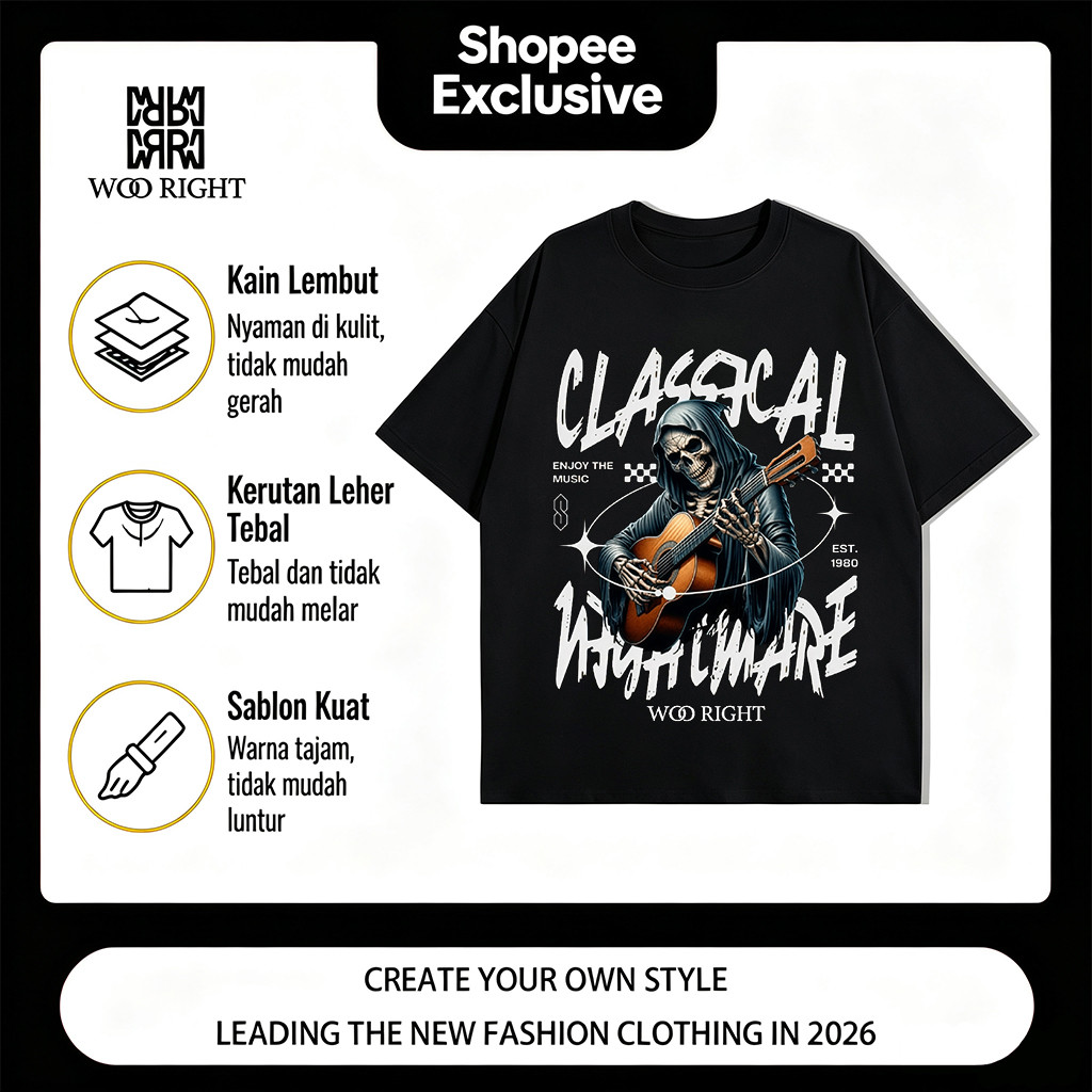 [COD] WOO RIGHT Printed T-Shirt Retro Gothic Skull Gitar Genggam Pola CLASSICAL Tren Pecinta Musik