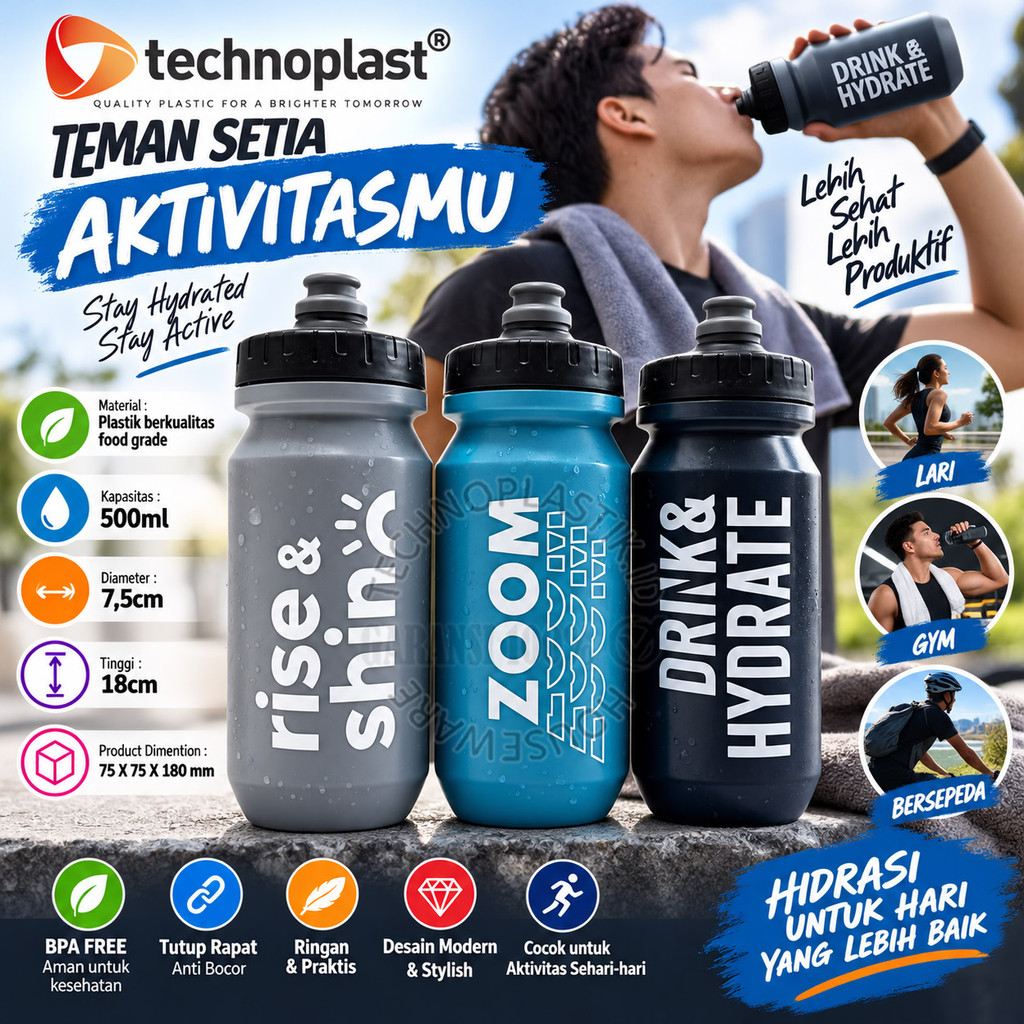 TECHNOPLAST Botol Sepeda T+ Sport Botol Air Bersepeda 500Ml & Bidon 500ml