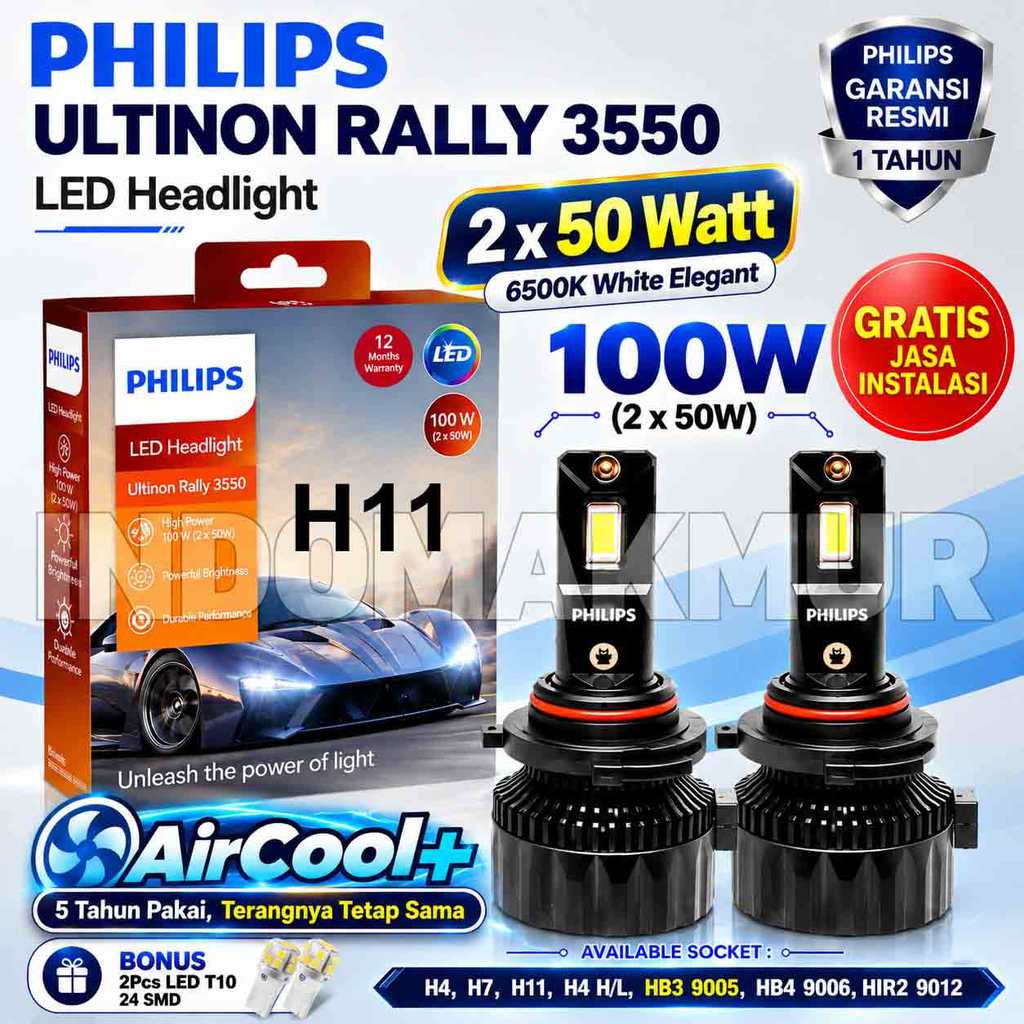 LED Mobil Philips H11 H16 H8 Ultinon Rally 3550 Lampu LED Mobil 100 Watt
