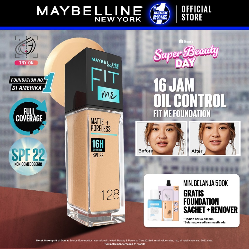 MAYBELLINE OFFICIAL Fit Me Matte + Poreless Liquid Foundation Make Up 30ml SPF 22 Makeup Ringan High Cover 16 Jam Oil Control Cushion Foundation Bedak Padat Cushion Foundation Bedak Padat Concealer BB Cream Foundation Waterproof Skin Tint Fondation