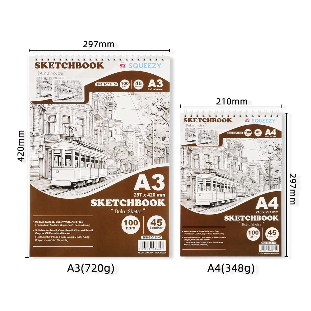 Buku Sketsa / Sketchbook Squeezy Ukuran A5 / A4 / A3 100 gsm 45 Lembar