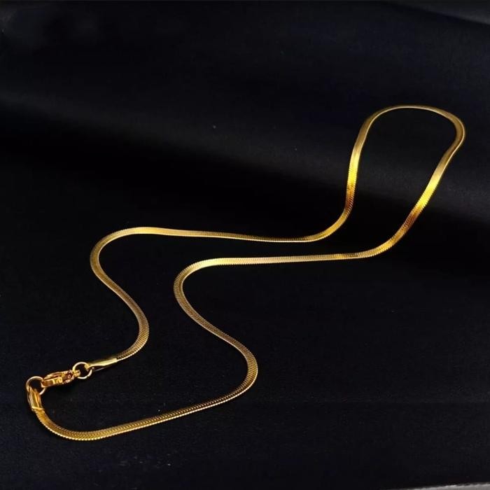 Kalung Titanium Pria Wanita Anti Karat kalung gepeng titanium Silver/Gold Pipih 45/50/60Cm - gold, 4