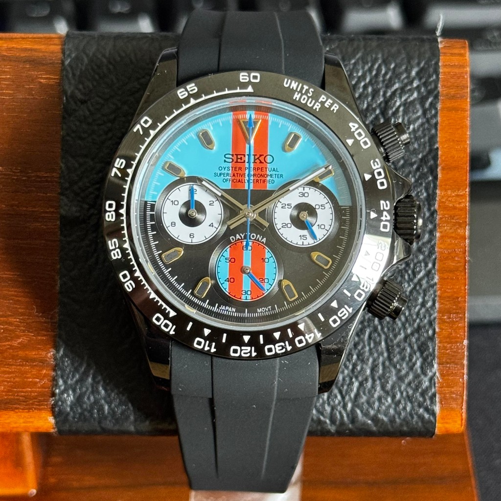 Seiko Mod Daytona Racing Blue VK63 Chronograph Stealth Black