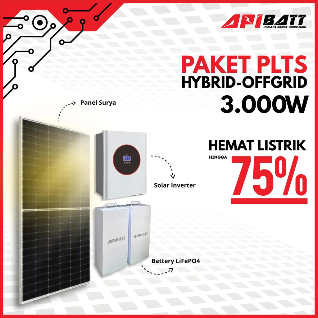 APIBatt PAKET PLTS HYBRID OFFGRID 3000W SIAP PASANG - VRLA 12.8V 100Ah