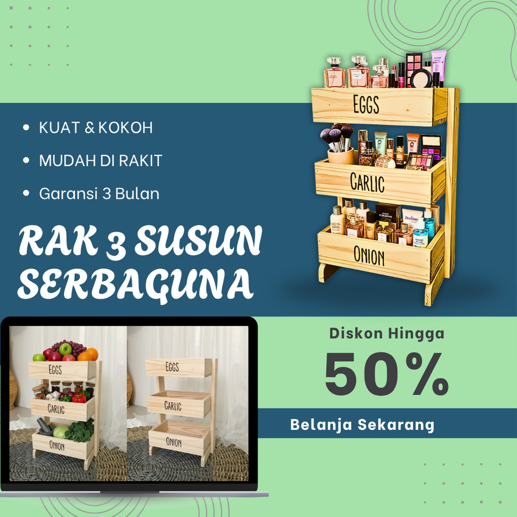 Rak Bawang Kayu 3 Susun / Rak Bumbu Serbaguna