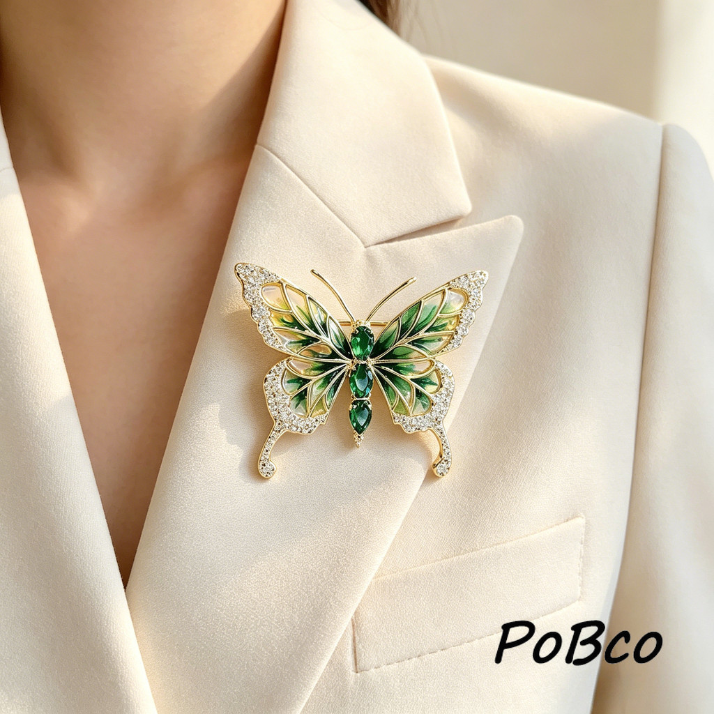 PoBco Bros Kupu Kupu Hijau Kristal Enamel Aksesoris Wanita Hijab Model Mewah Pengait Kokoh Cocok Bla