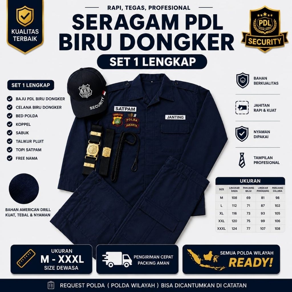 PROMO || Baju Seragam PDL Biru Dongker, Setelan PDL Satpam Lengkap, Setelan PDL Security Biru Dongke