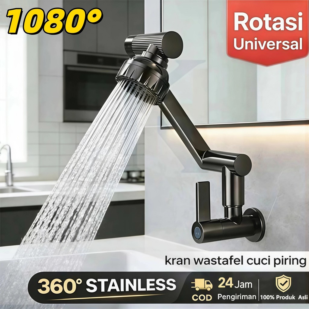 Kran Dinding Fleksibel Putar 1080°, Kran Angsa Dapur Praktis Khusus Cuci Piring Dan Wastafel Kamar M
