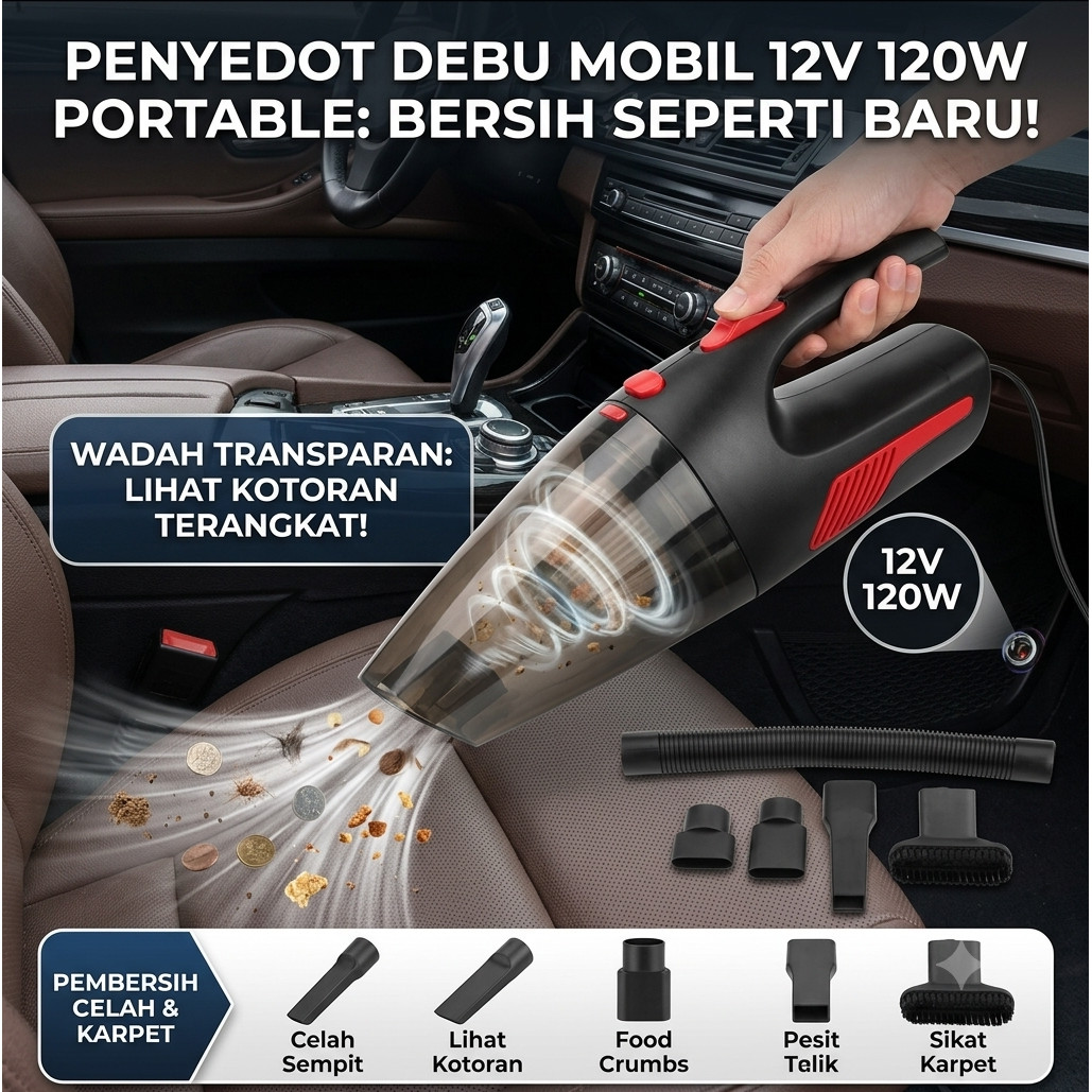 Vacuum Vacum cleaner mobil Portable Penyedot Debu Mobil 12V 120W - Hitam